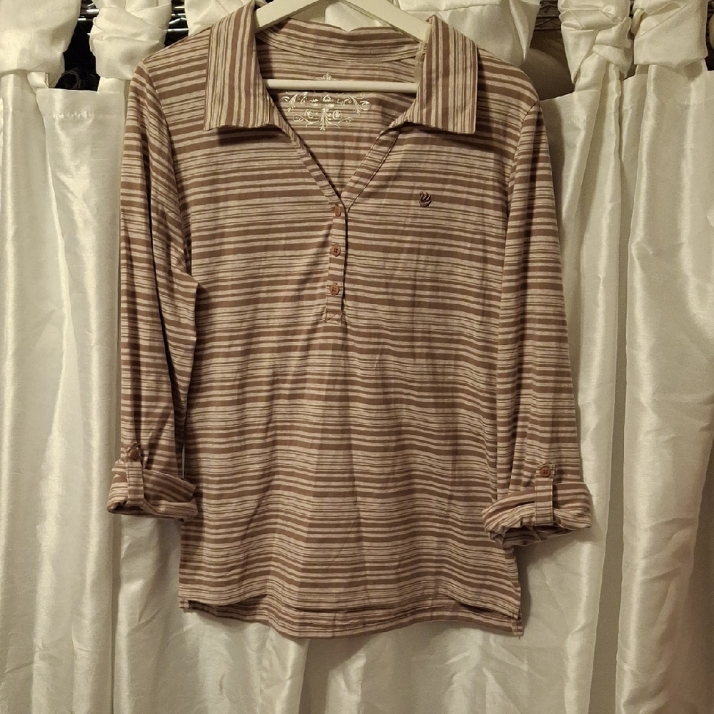 Gloria Vanderbilt  Brown Striped Button Down Shirt LG 💙💙💙💙